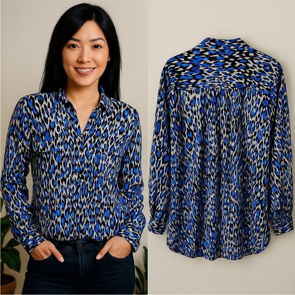 Talbots Nantucket 1X Blue Black Abstract Animal Print Blouse Long Sleeves